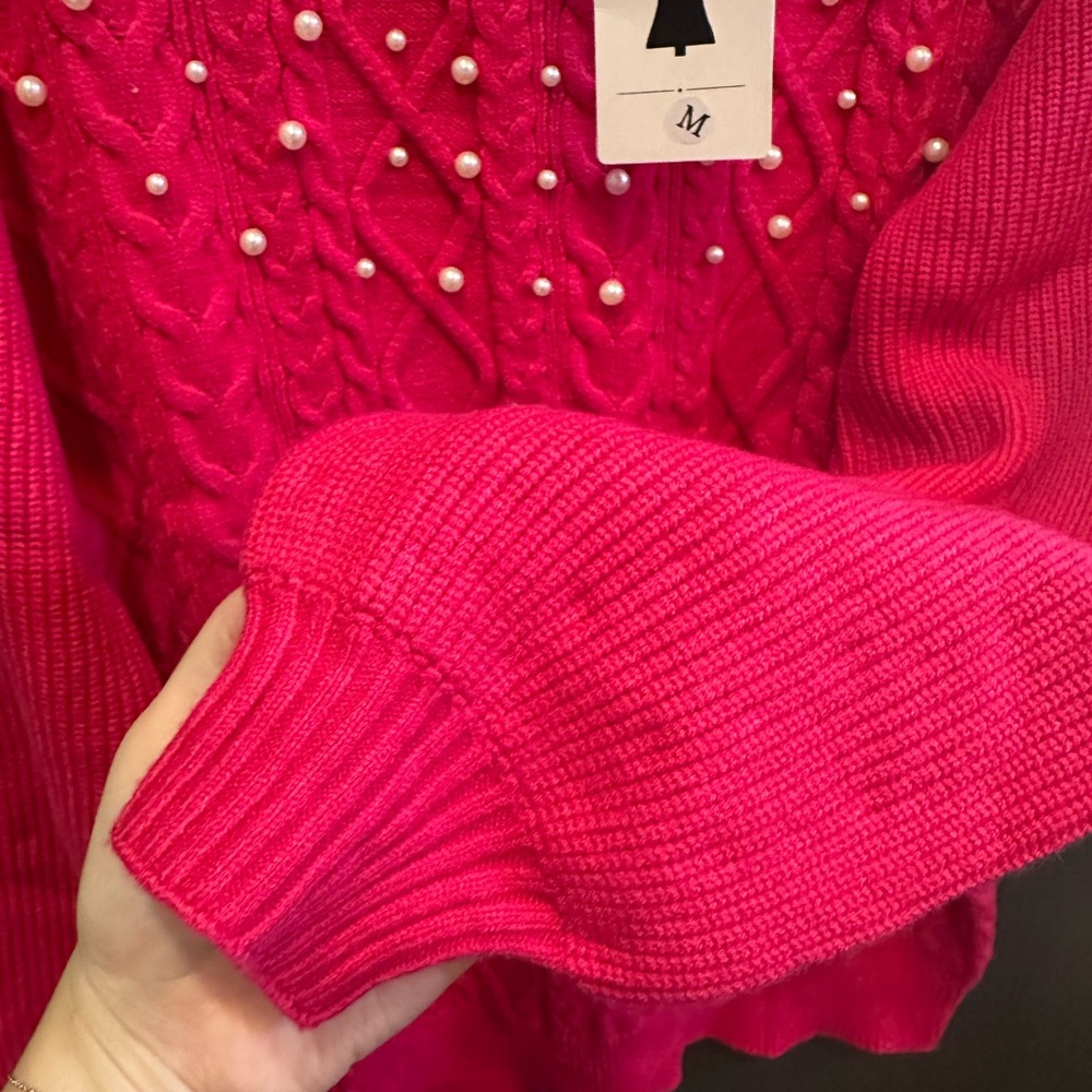 Hot Pink Mock Neck Sweater‎ with Pearl Accents | Medium | NWT - Picture 3 of 6